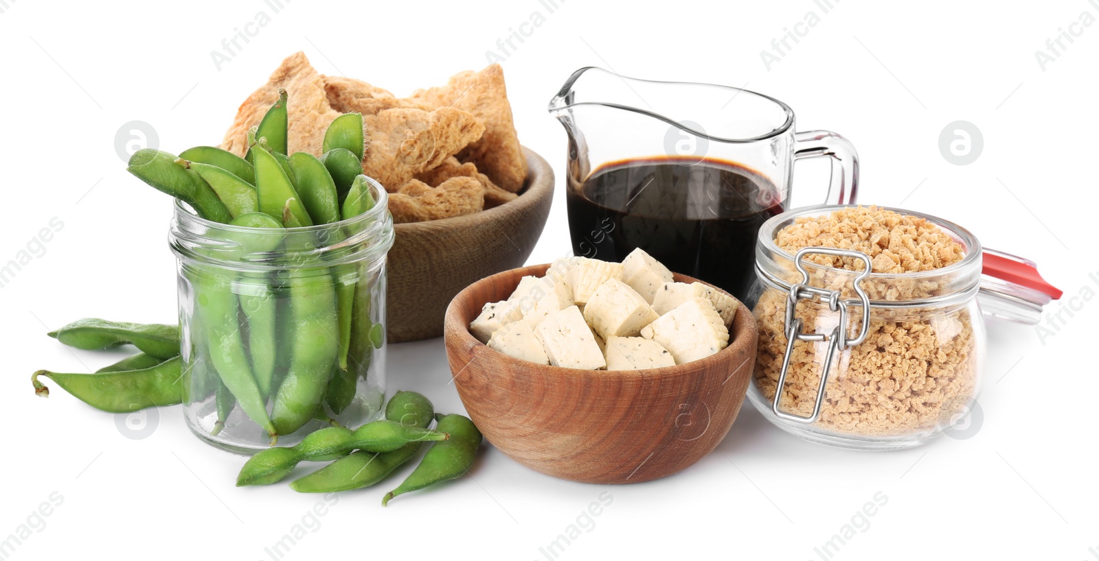 Photo of Different organic soy products on white background