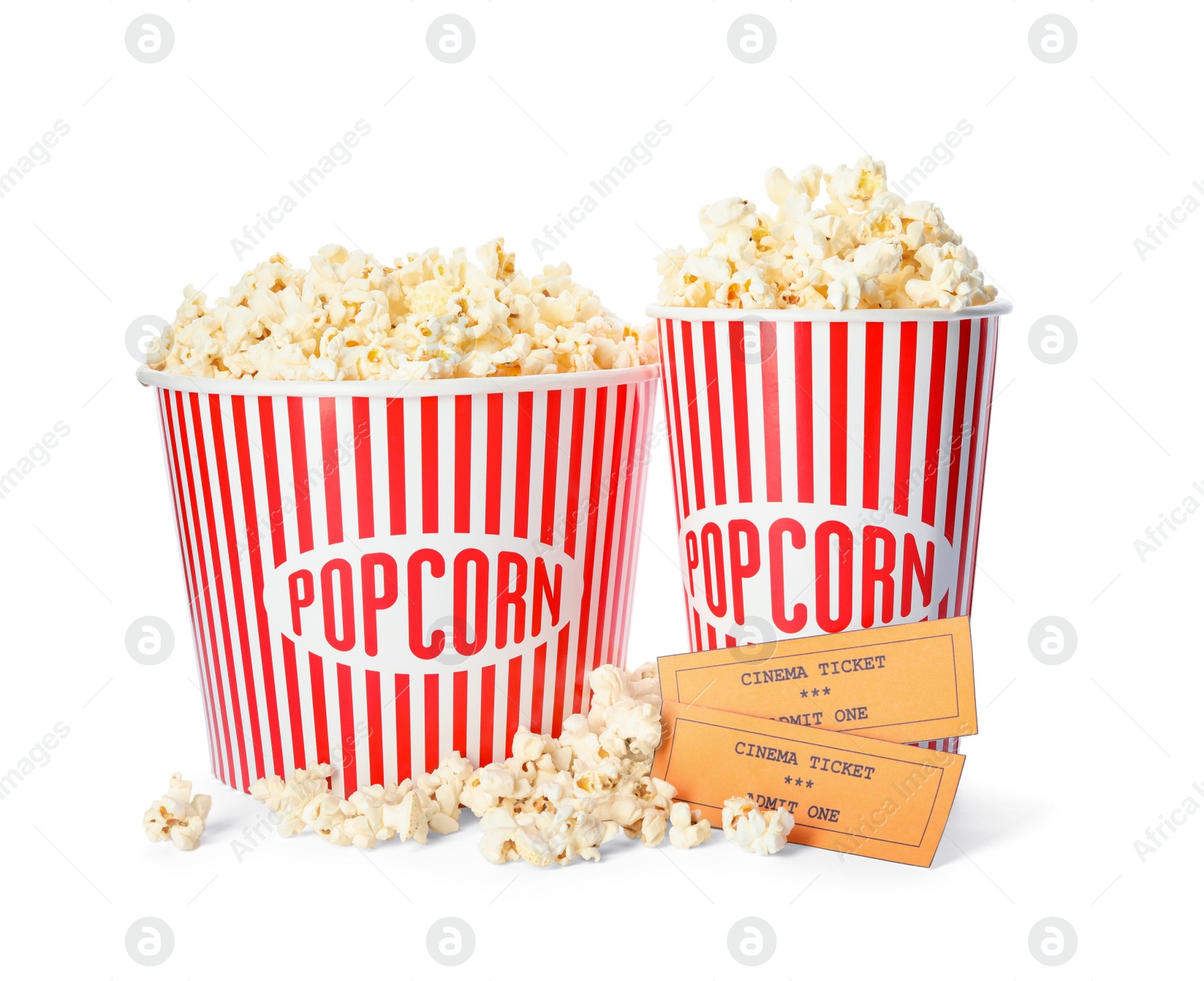 Photo of Fresh popcorn and tickets on white background. Cinema snack