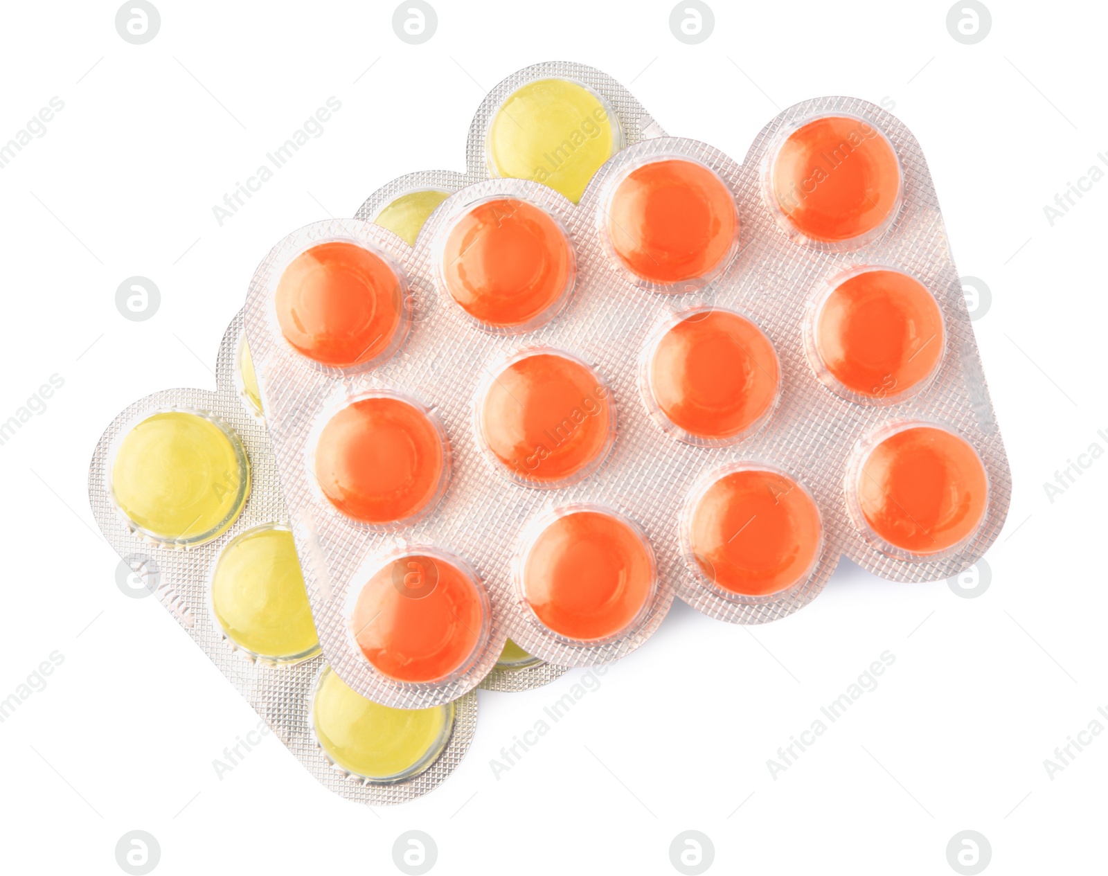 Photo of Blisters with cough drops isolated on white, top view