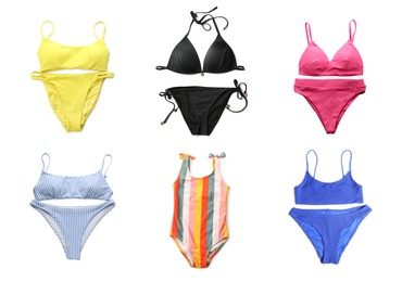 Image of Set with different stylish swimsuits on white background, top view 