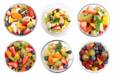 Fruit salad, collection. Mixed fresh berries and fruits in bowls isolated on white, top view