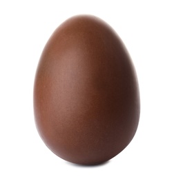 Photo of Tasty chocolate Easter egg on white background