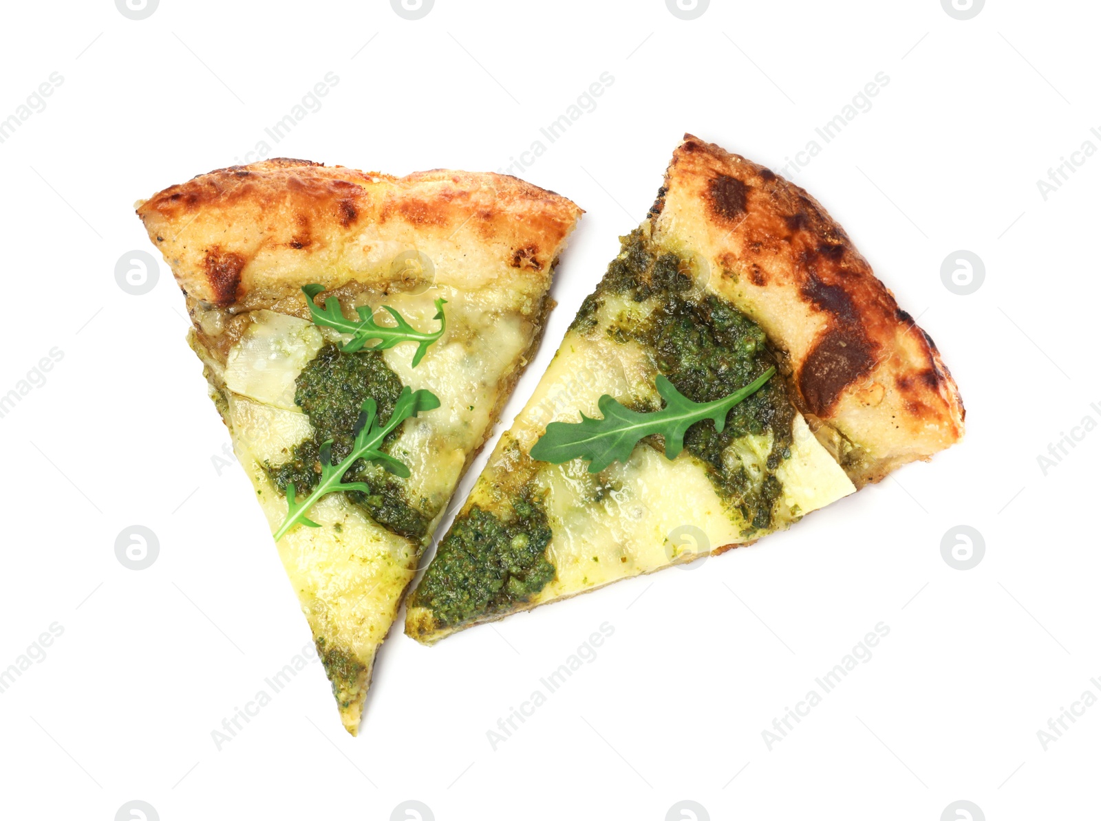 Photo of Slices of delicious pizza with pesto, cheese and arugula on white background, top view