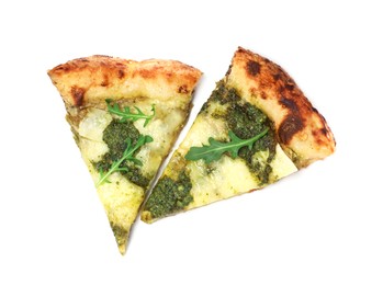 Photo of Slices of delicious pizza with pesto, cheese and arugula on white background, top view
