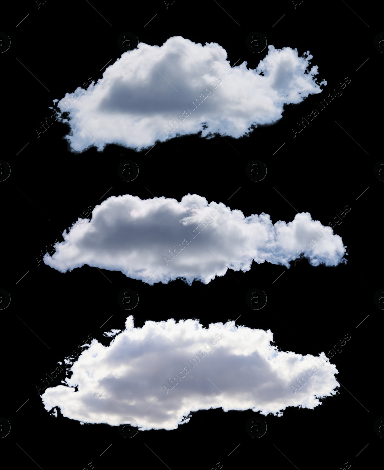 Image of DIfferent white clouds on black background, collage