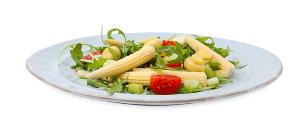 Photo of Tasty baby corn with vegetables, arugula and mushrooms isolated on white