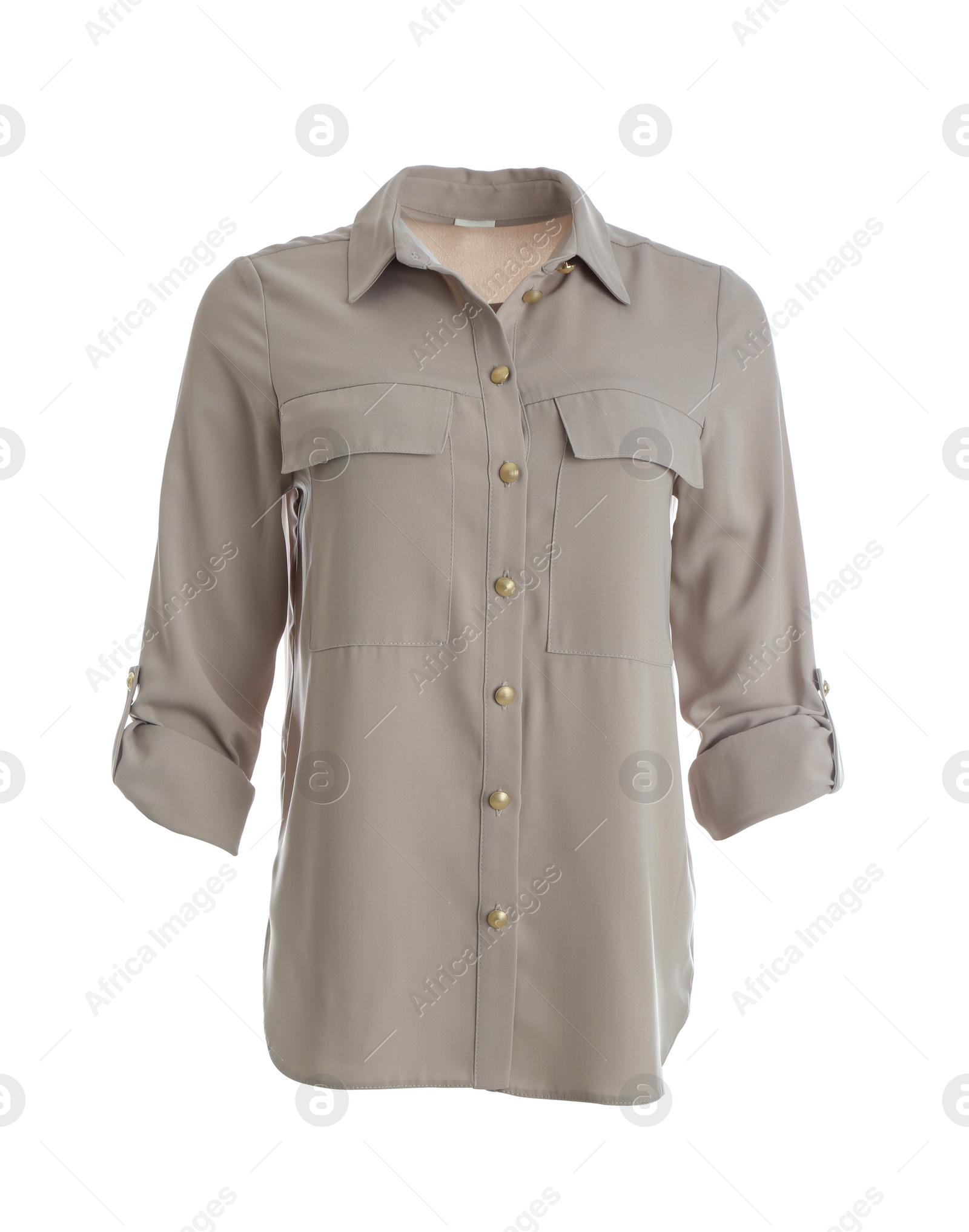 Photo of Elegant beige shirt on mannequin against white background. Women's clothes