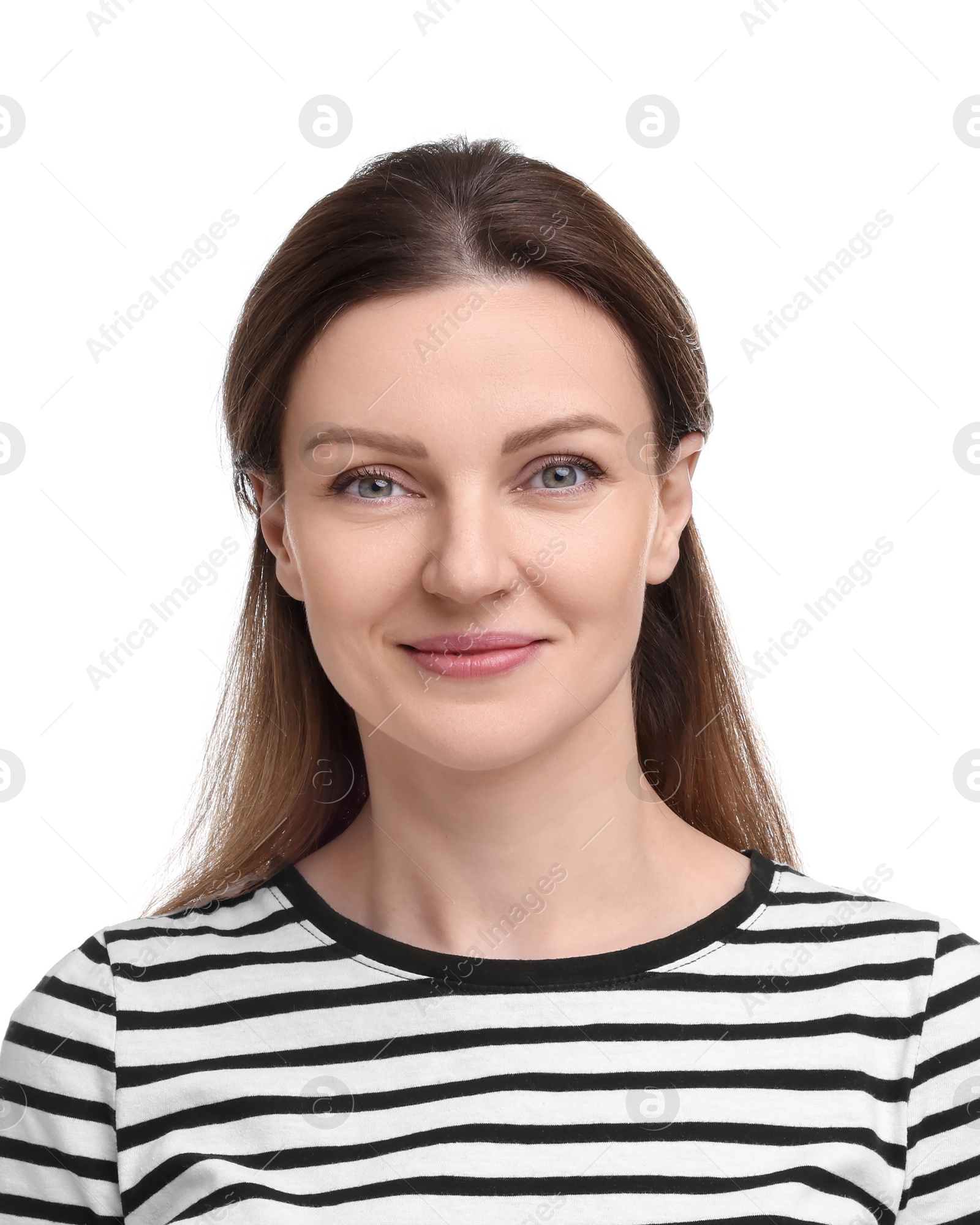 Image of Passport photo. Portrait of woman on white background