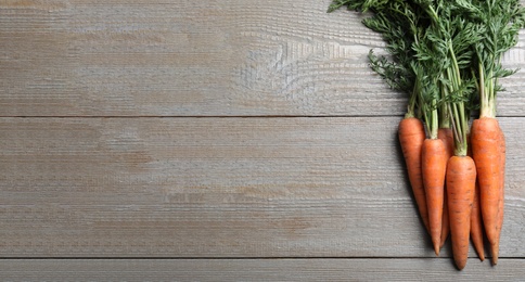 Photo of Fresh carrots on wooden table, top view. Space for text