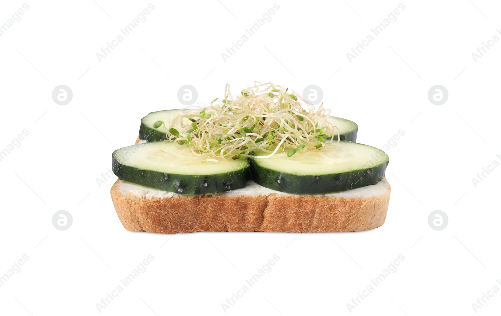 Photo of Tasty toast with cucumber, cream cheese and microgreens isolated on white