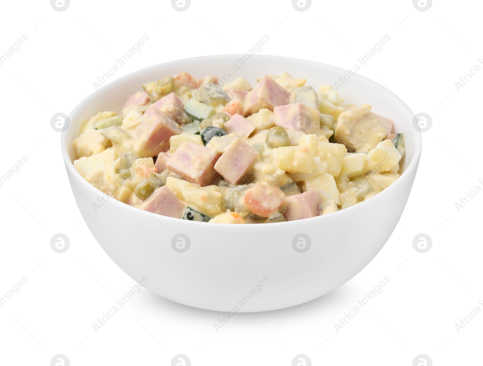 Photo of Tasty Olivier salad with boiled sausage in bowl isolated on white