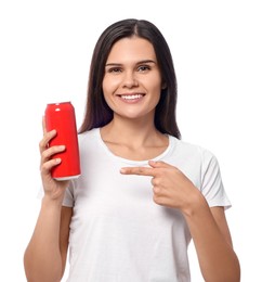 Photo of Beautiful young woman holding tin can with beverage on white background