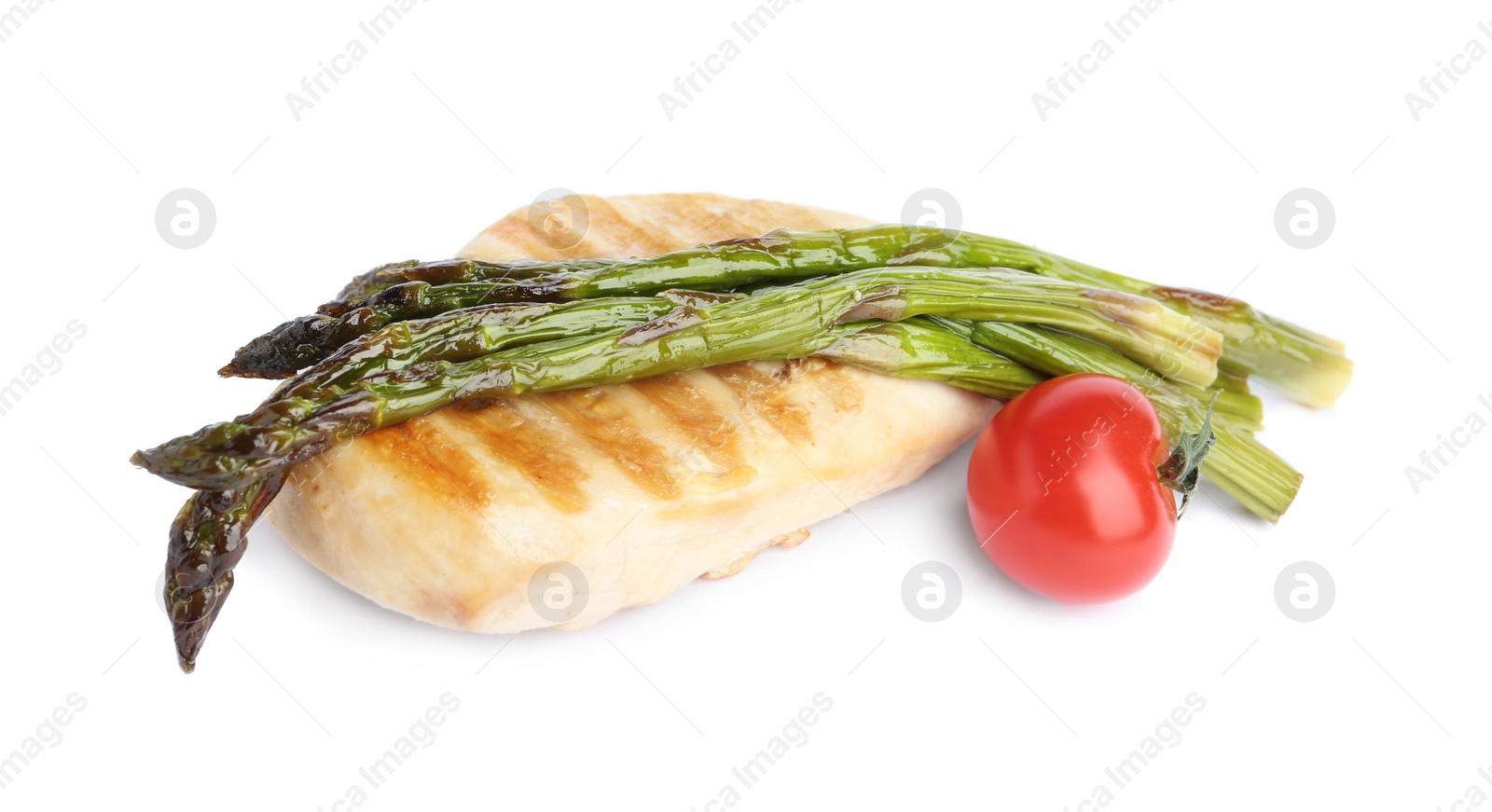 Photo of Tasty grilled chicken fillet with asparagus and cherry tomato isolated on white