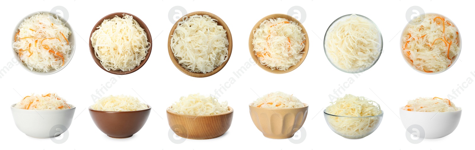 Image of Set of tasty fermented cabbage isolated on white