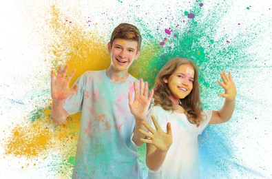 Holi festival celebration. Happy teens covered with colorful powder dyes on white background