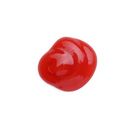 Photo of Tasty ketchup isolated on white, top view