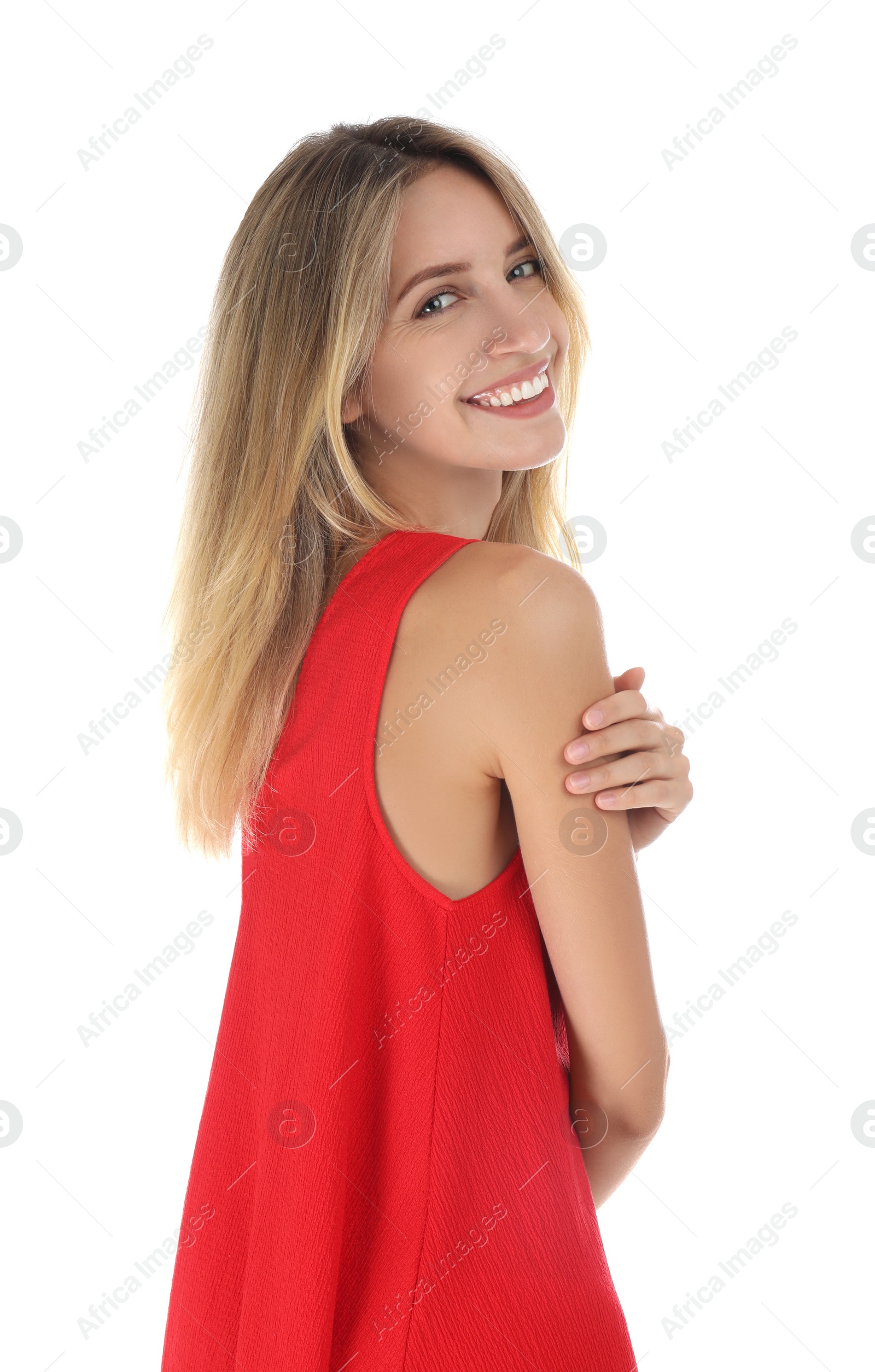 Photo of Young woman wearing stylish red dress on white background