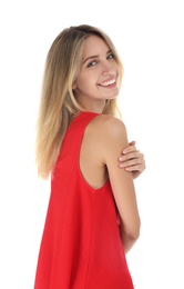 Young woman wearing stylish red dress on white background