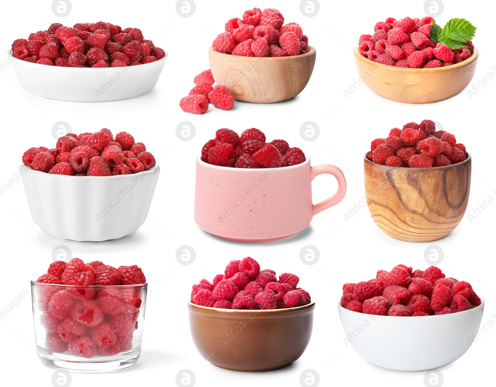 Image of Set of fresh ripe raspberries in bowls and cup on white background