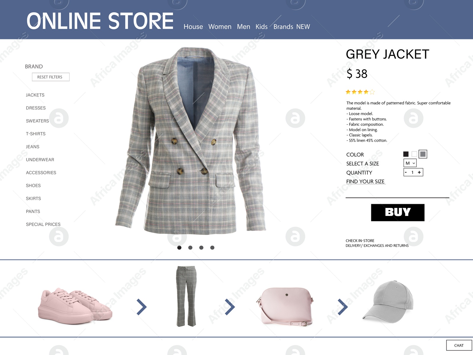 Image of Online store website page with stylish jacket and information. Image can be pasted onto laptop or tablet screen