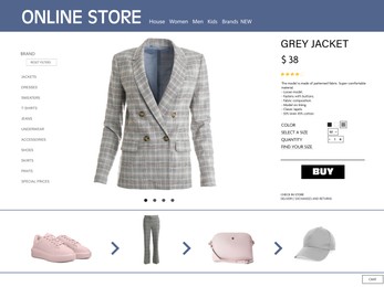Image of Online store website page with stylish jacket and information. Image can be pasted onto laptop or tablet screen