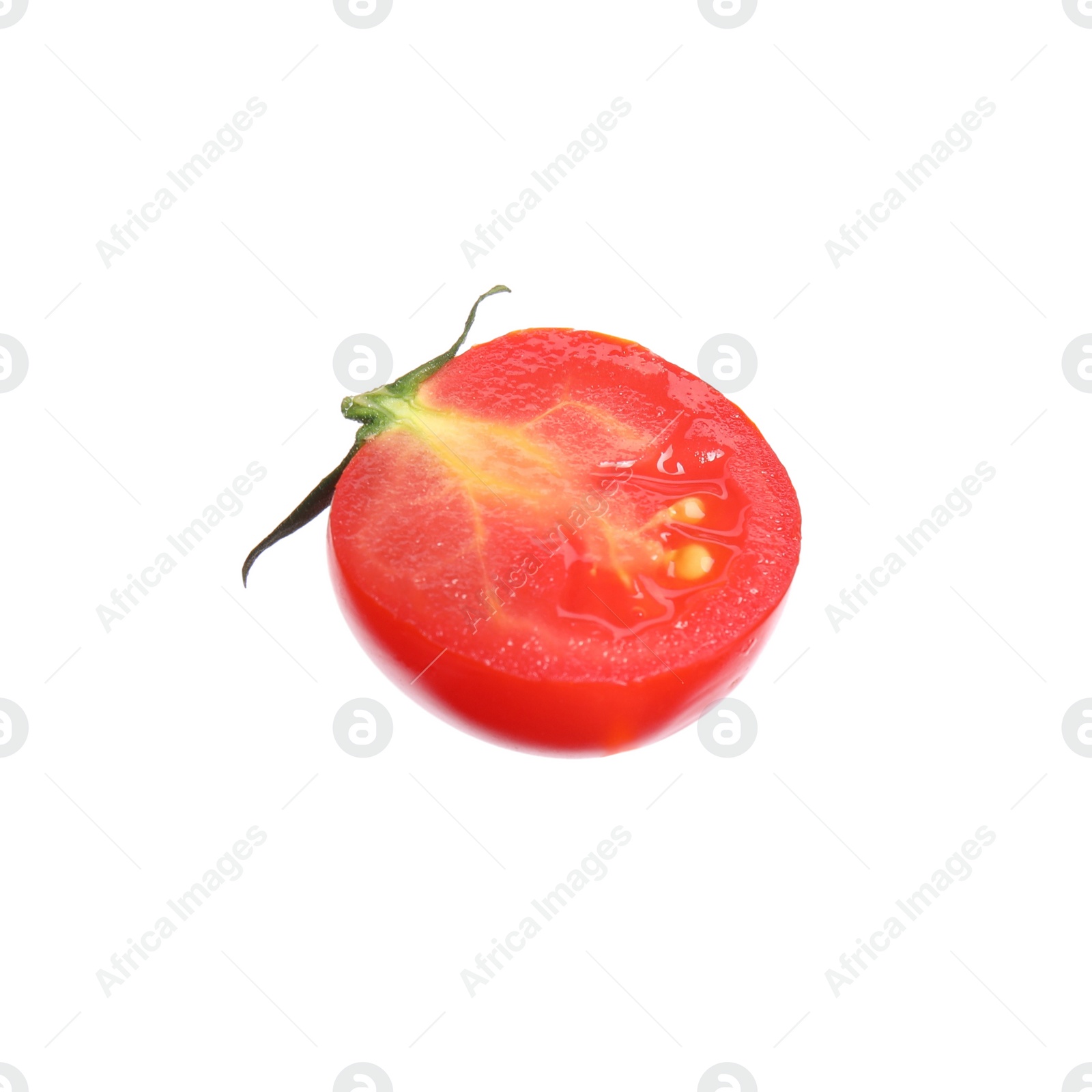 Photo of Half of fresh ripe cherry tomato on white background
