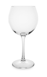 Photo of Empty clear wine glass on white background