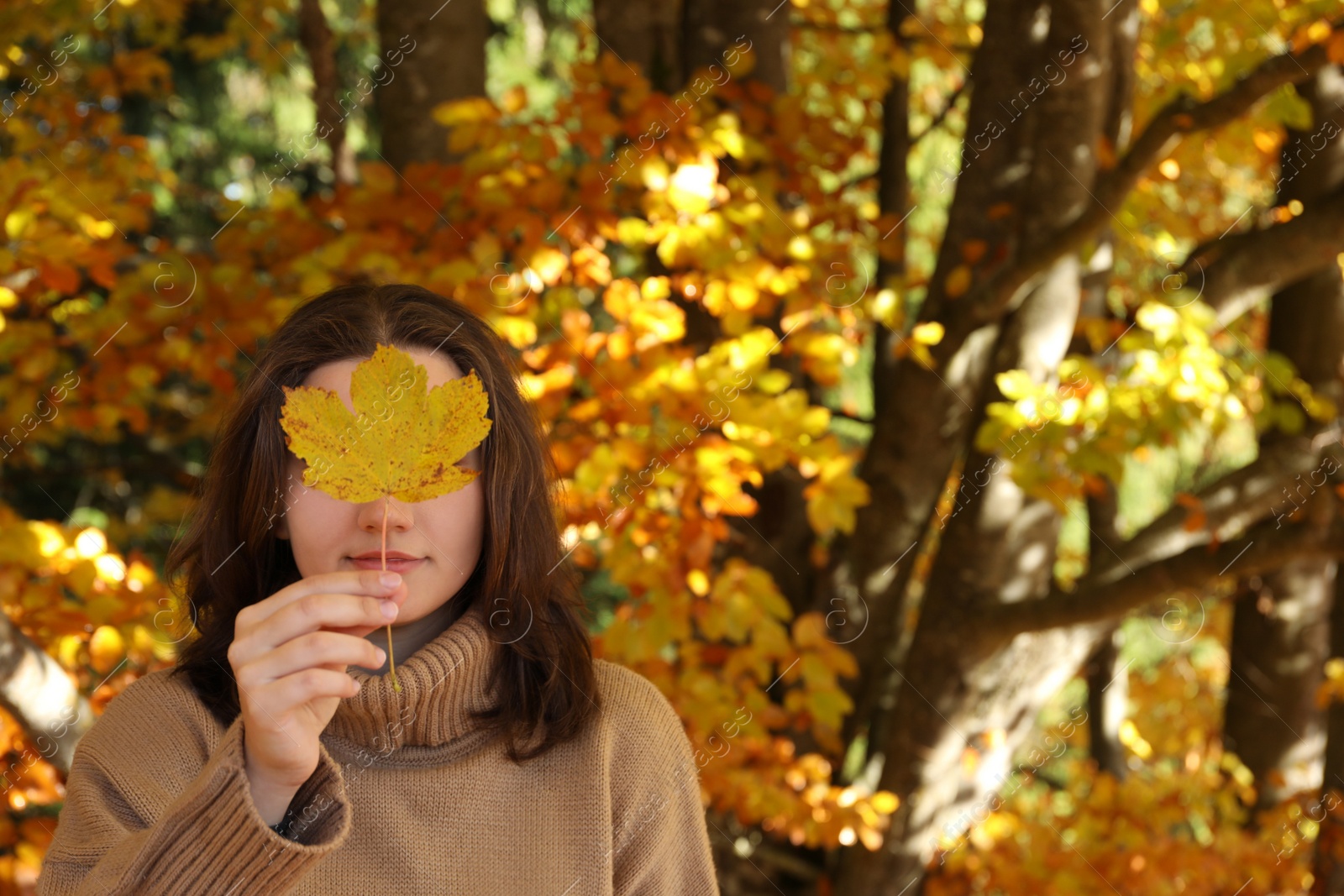 Photo of Woman holding autumn leaf against her face in forest. Space for text