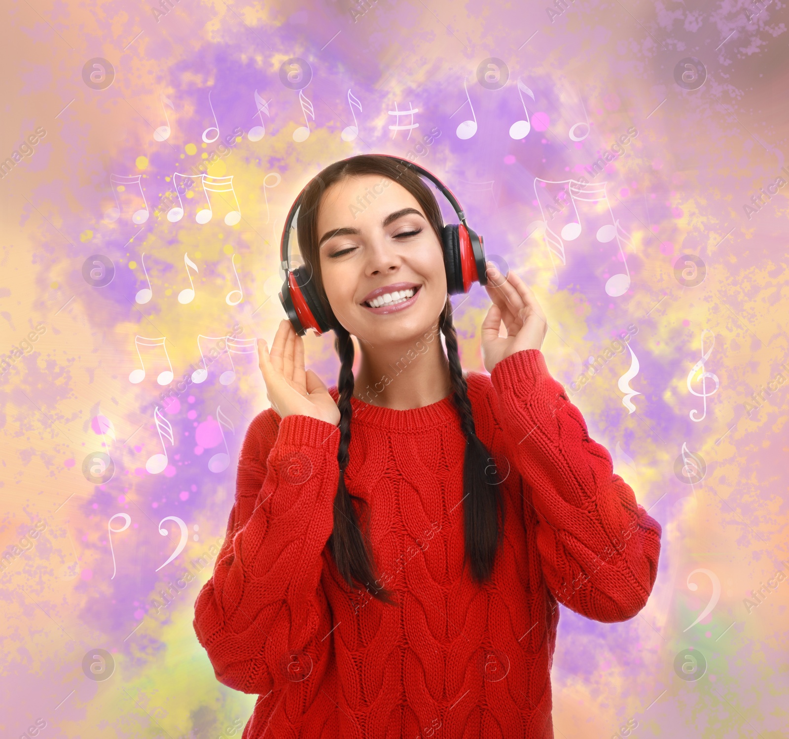 Image of Young woman listening to music with headphones on color background. Bright notes illustration