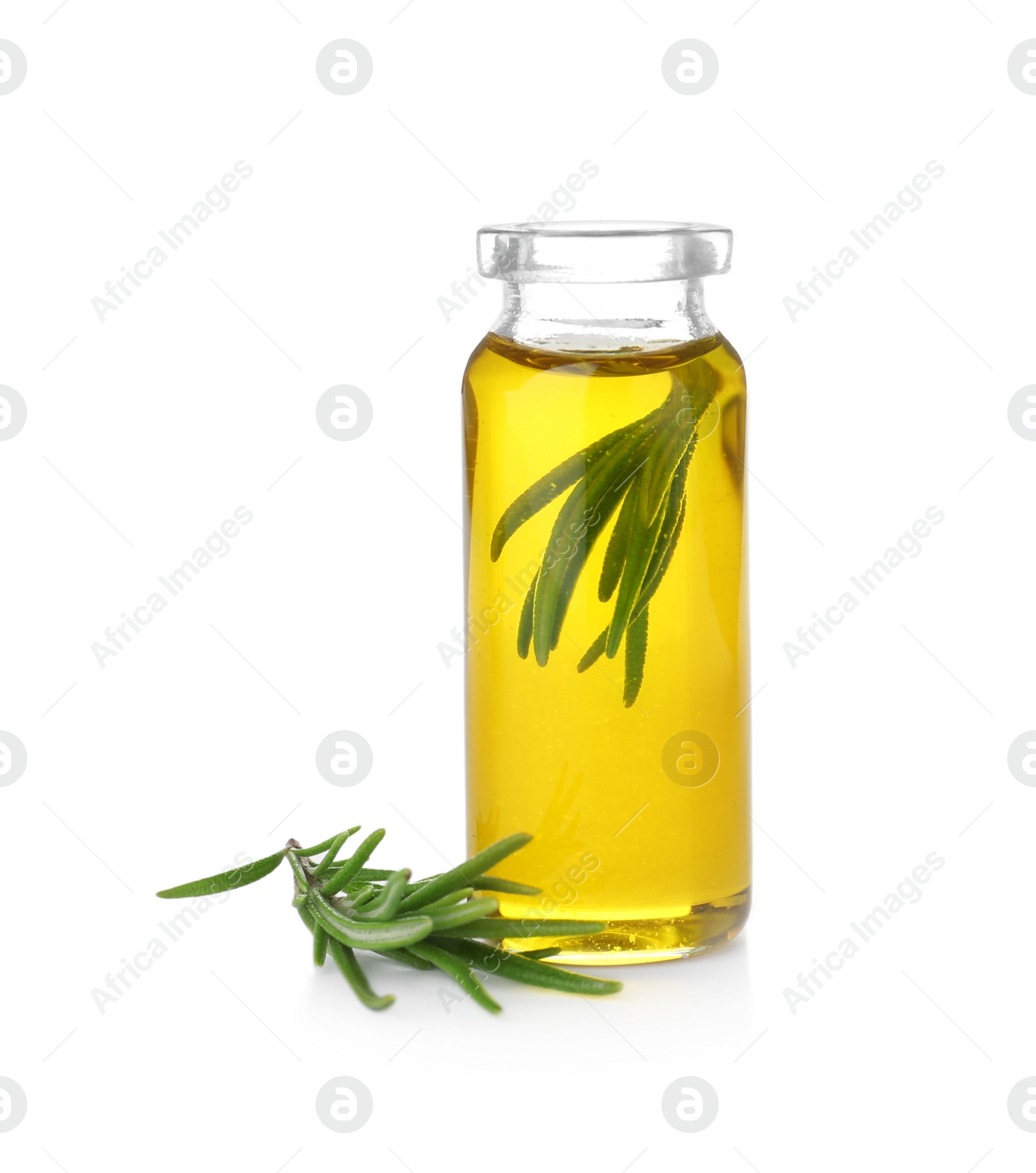 Photo of Bottle with rosemary oil on white background