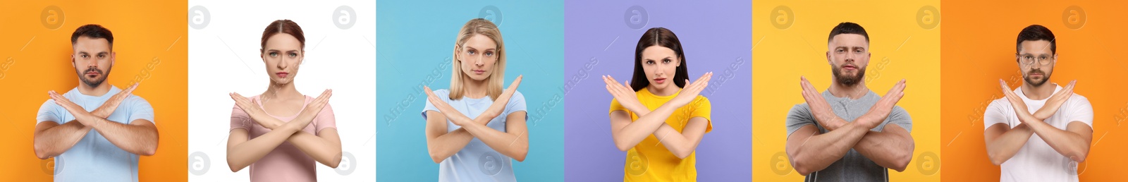 Image of People showing stop gesture on different color backgrounds. Collage with photos