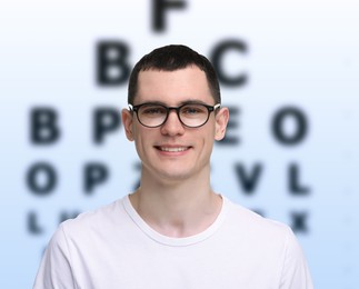 Image of Vision test. Young man in glasses and eye chart on gradient background