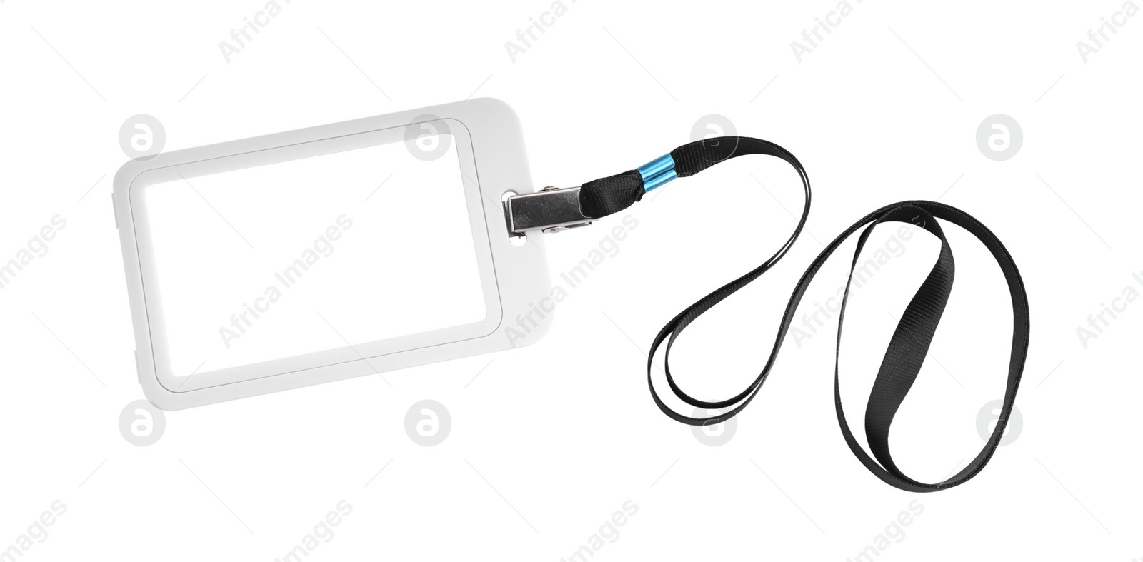 Photo of Blank badge with black string isolated on white, top view