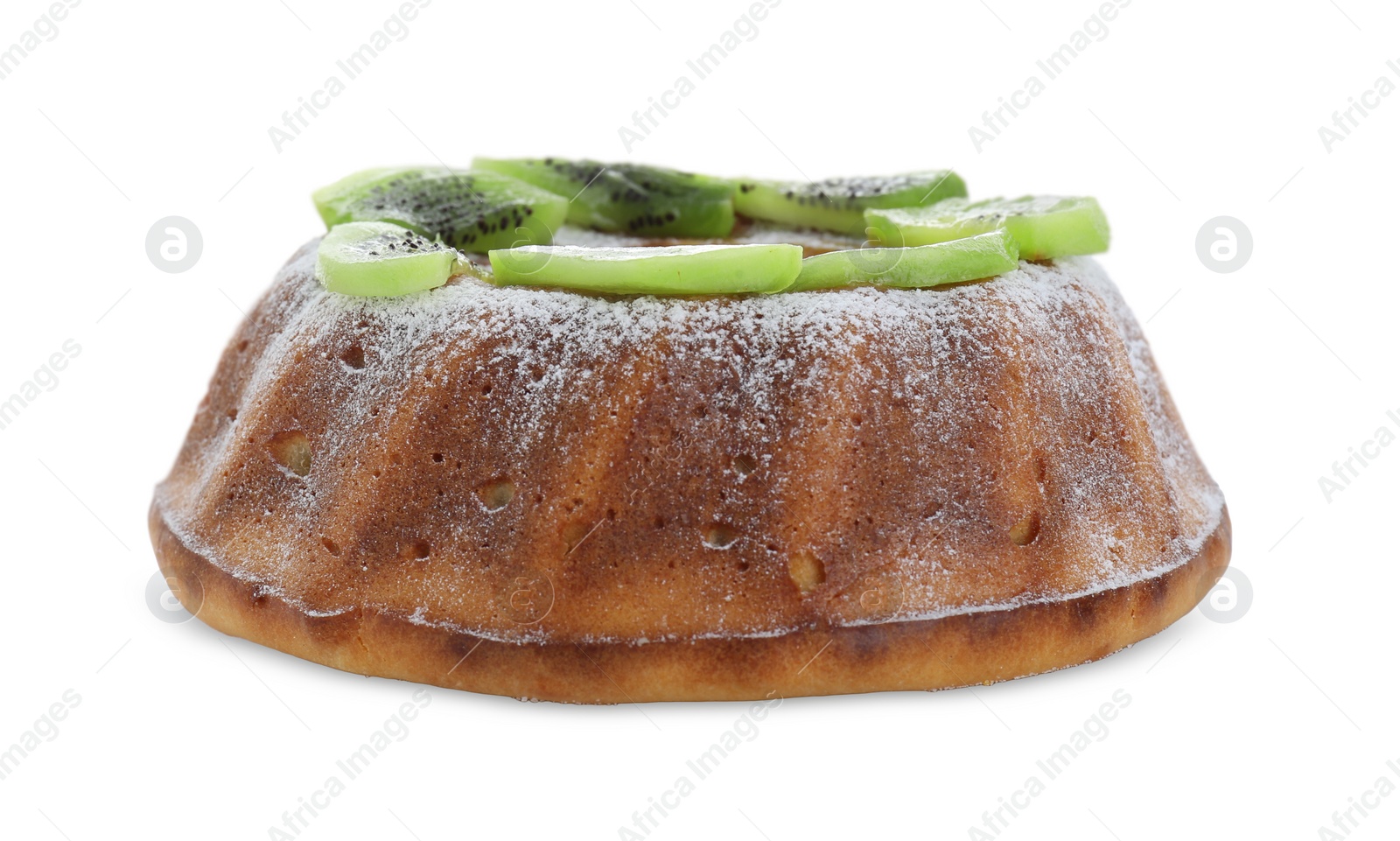 Photo of Homemade yogurt cake with kiwi and powdered sugar on white background