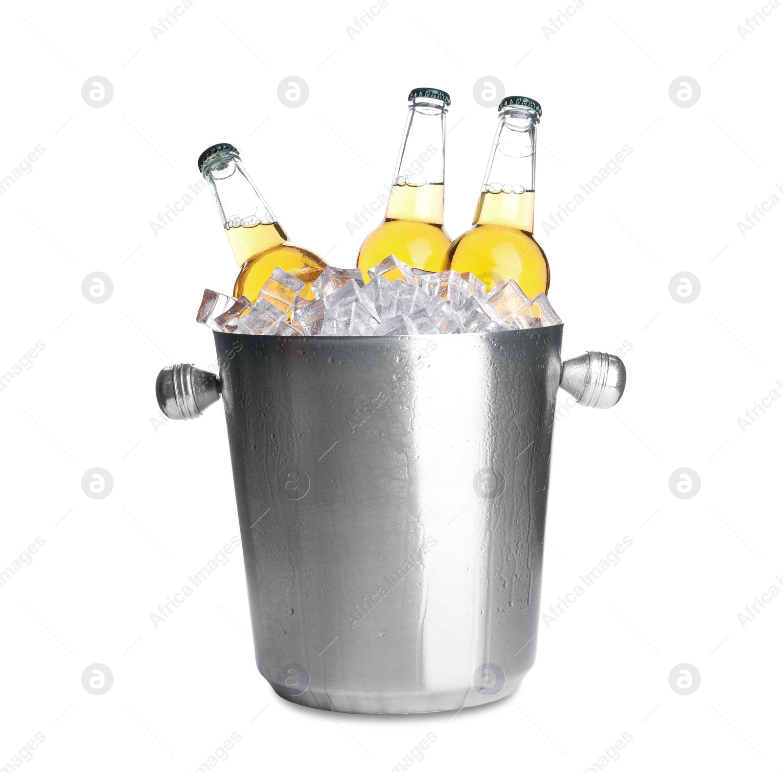 Photo of Metal bucket with bottles of beer and ice cubes isolated on white