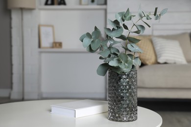 Photo of Vase with beautiful eucalyptus branches and book on white table in living room