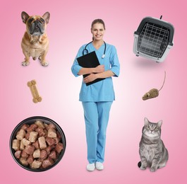Image of Collage with photos of veterinarian doc, pets, food and accessories on pink background
