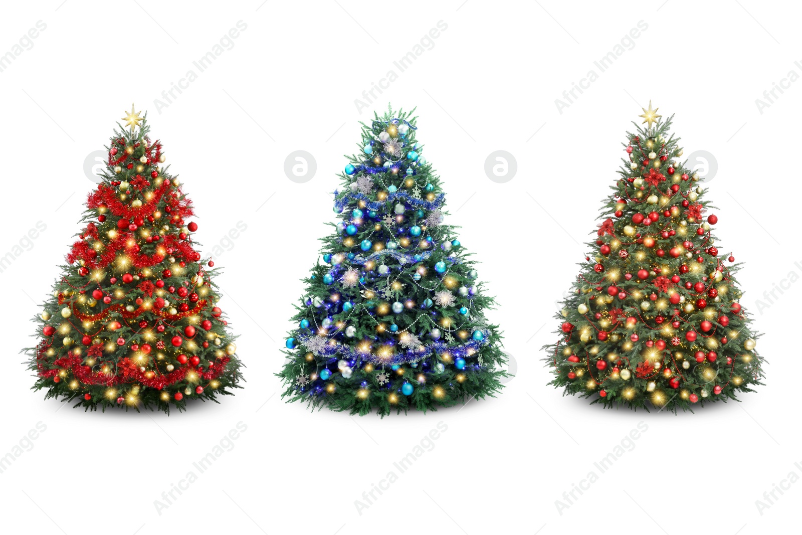 Image of Christmas trees decorated with ornaments and festive lights isolated on white, set