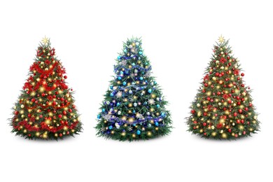 Image of Christmas trees decorated with ornaments and festive lights isolated on white, set