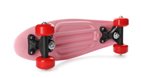 Pink skateboard with red wheels isolated on white. Sport equipment