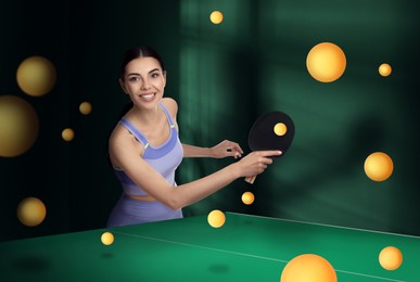 Image of Beautiful young woman playing ping pong and many flying balls indoors