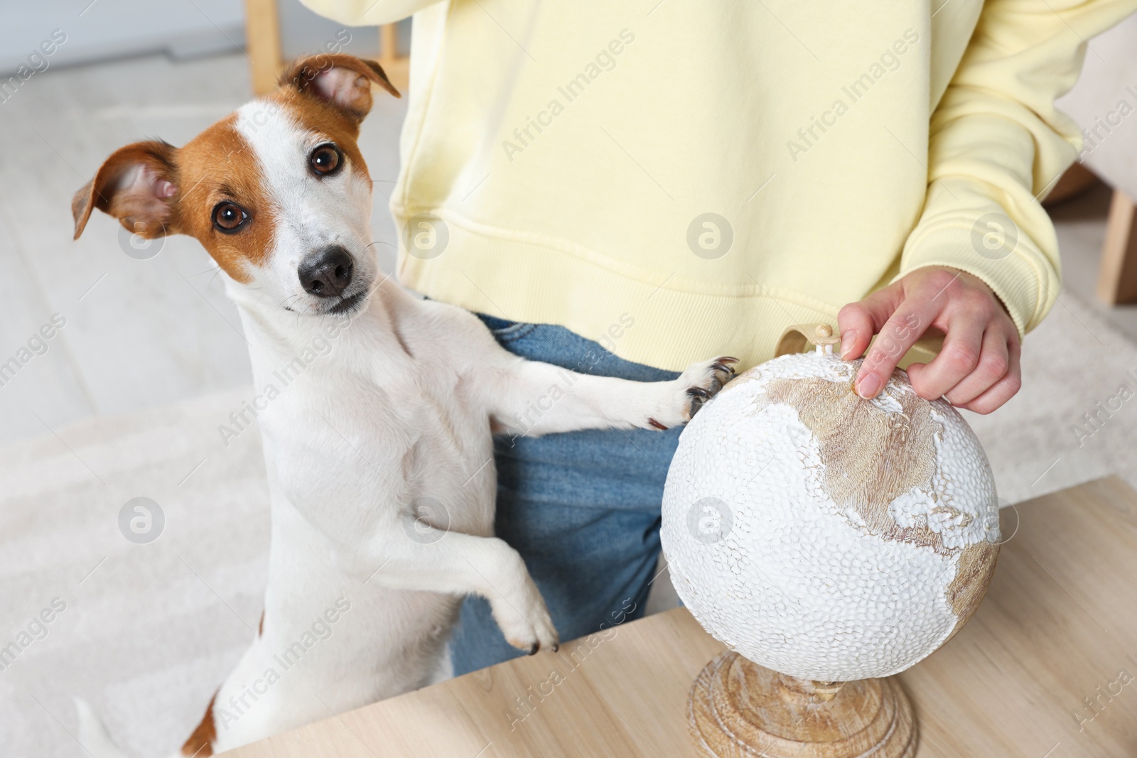 Photo of Woman pointing at globe near dog indoors, closeup. Travel with pet concept