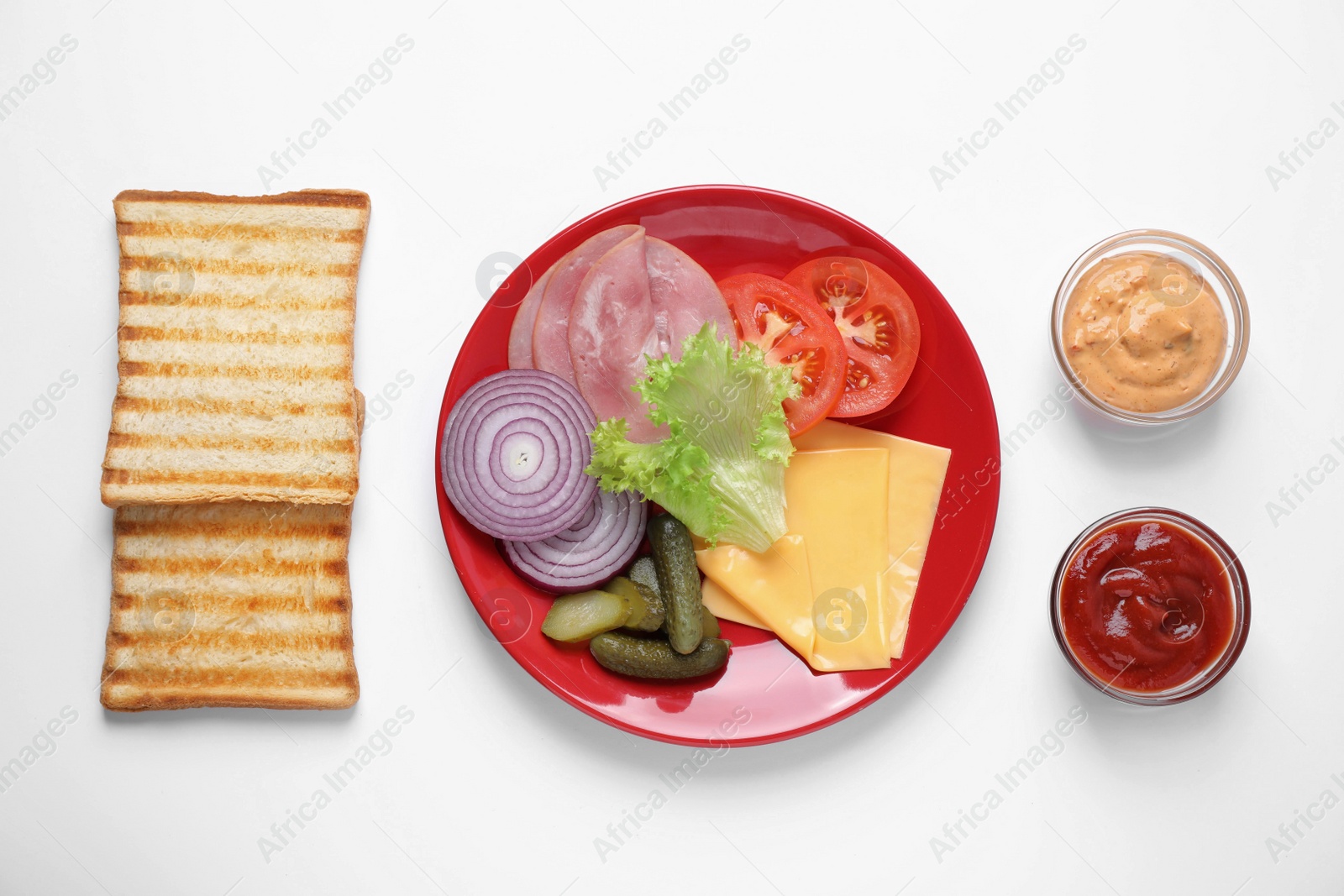 Photo of Fresh ingredients for tasty sandwich on white background, top view