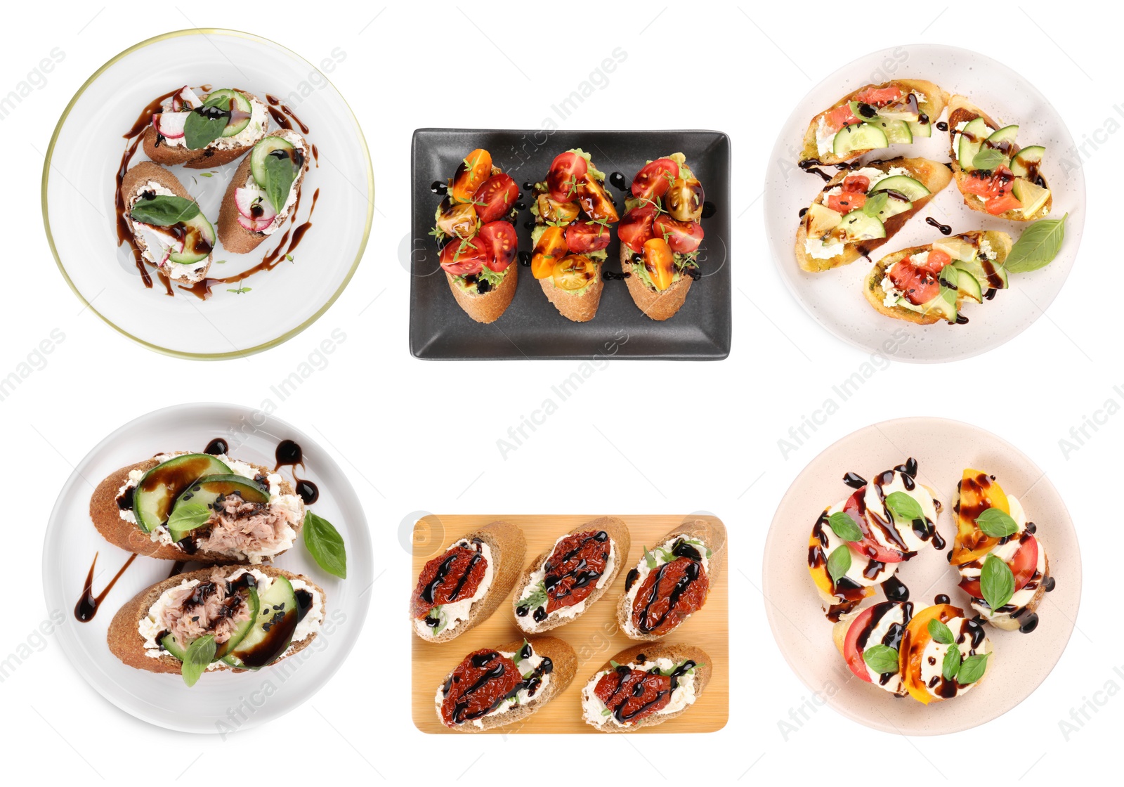 Image of Set of delicious bruschettas with balsamic vinegar isolated on white, top view