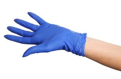 Woman in blue latex gloves on white background, closeup of hand