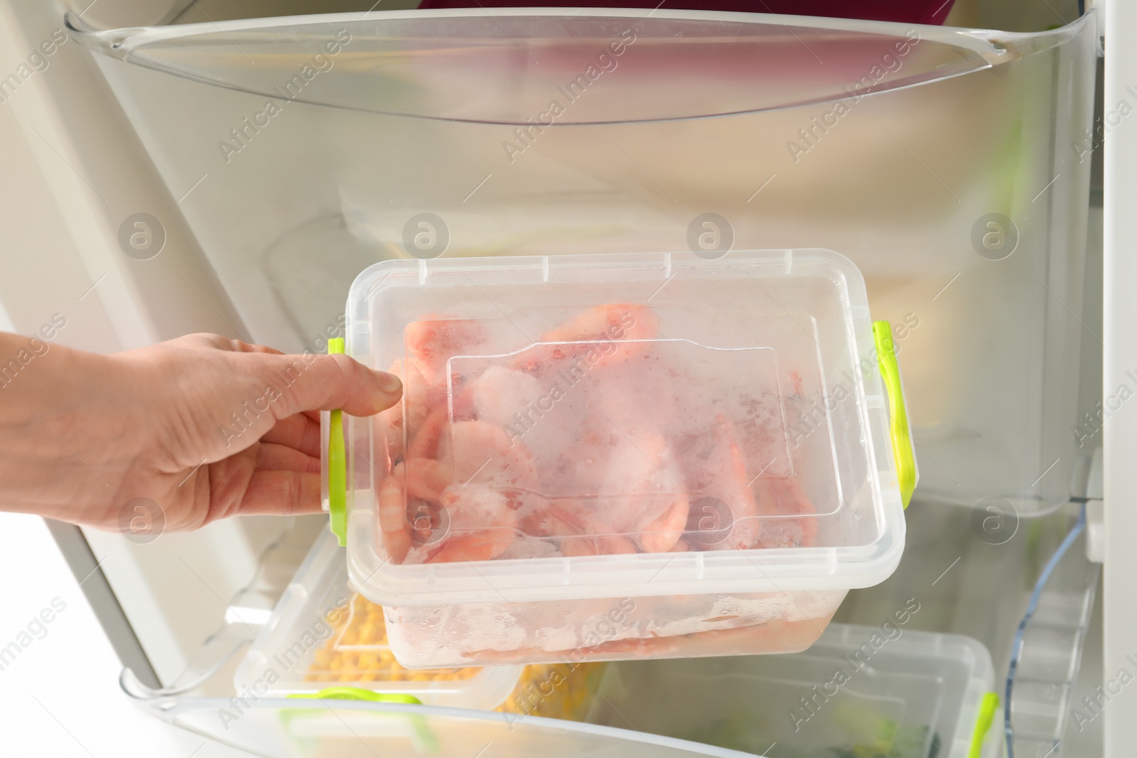 Photo of Woman taking container with frozen shrimps from refrigerator, closeup