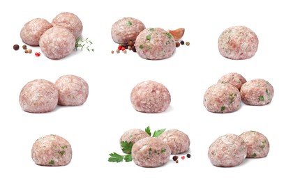 Image of Set with fresh raw meatballs on white background 