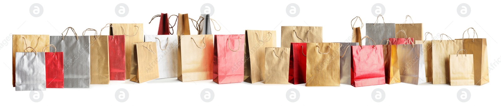 Image of Set of paper shopping bags on white background. Banner design