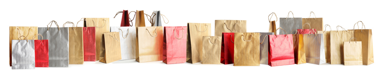 Set of paper shopping bags on white background. Banner design