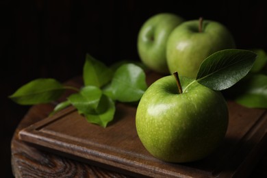 Fresh ripe green apples with leaves on wooden table against black background, closeup